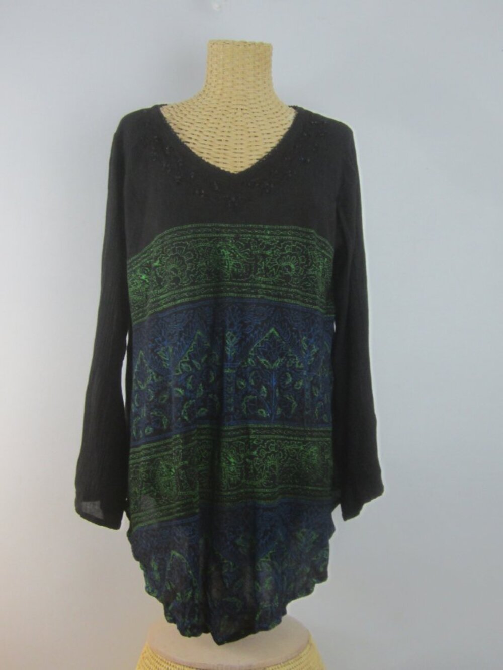 NEW Greater Good Women S / M Black Green Blue Embroidered Sequin LS Rayon Top